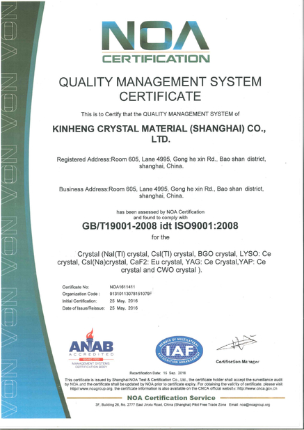 Chiny Kinheng Crystal Material (Shanghai) Co., Ltd. Certyfikaty